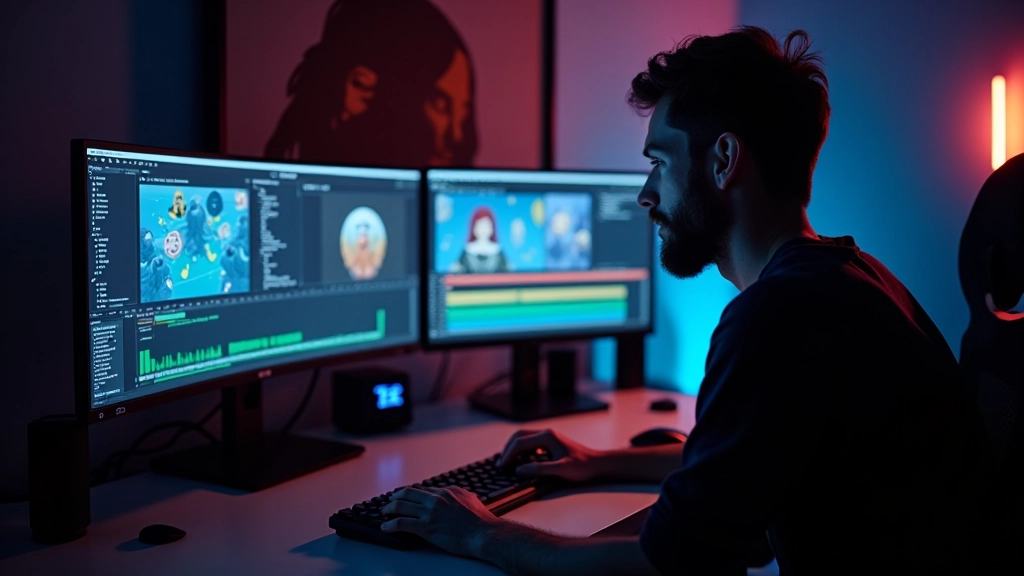 Animador trabalhando em computador com múltiplas telas mostrando timeline e visualizador de áudio