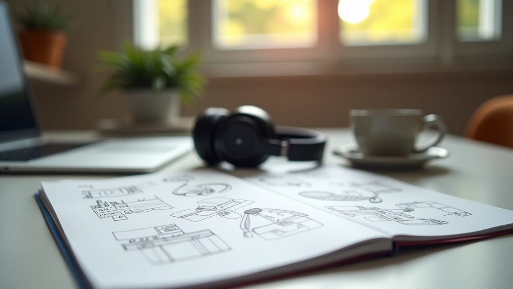Anotações de script e storyboard ao lado de fones de ouvido profissionais em mesa de trabalho