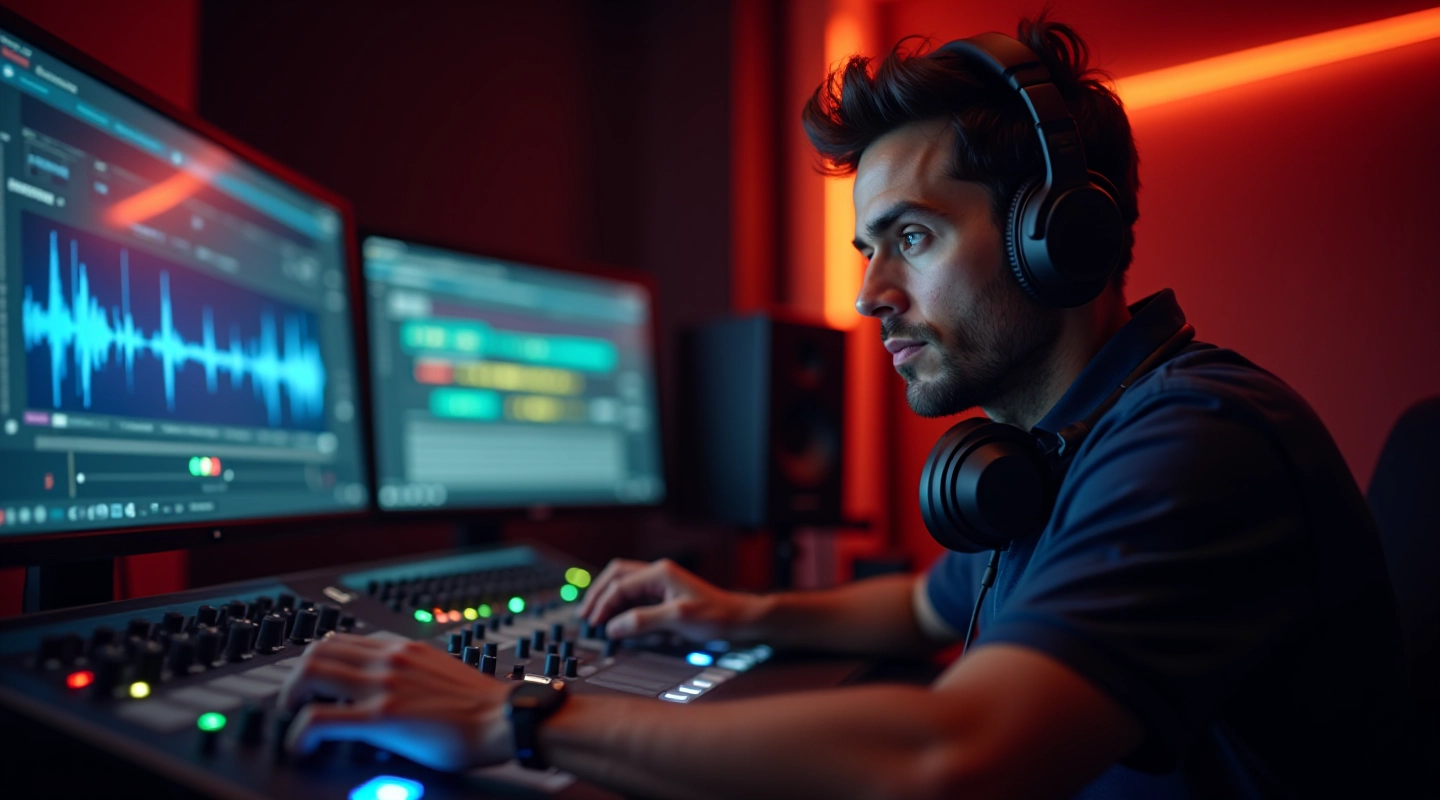 Produtor de áudio em estúdio profissional ajustando equipamento de sincronização sonora